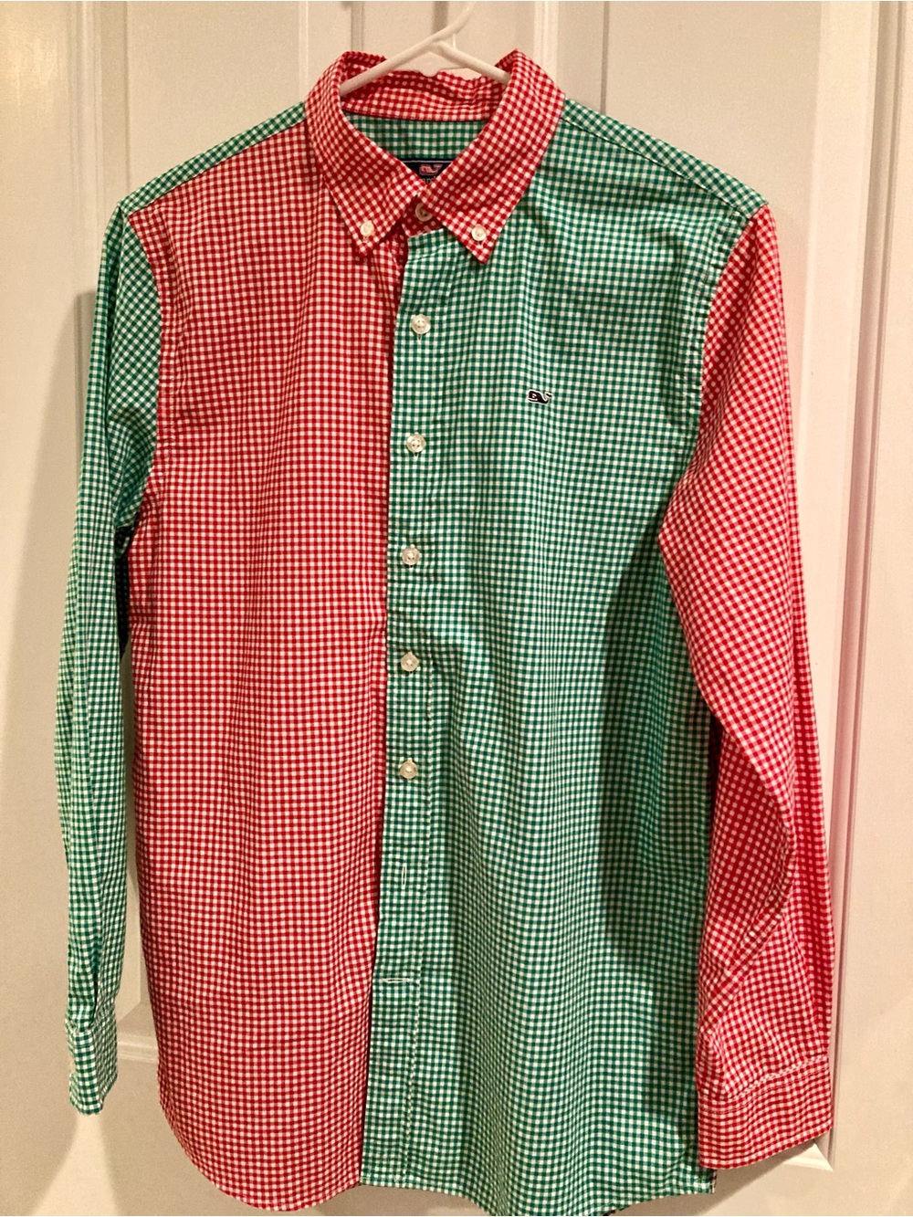 Vineyard Vines Green Red Blue Check Whale Shirt Boy Long Sleeve Size L (16)
